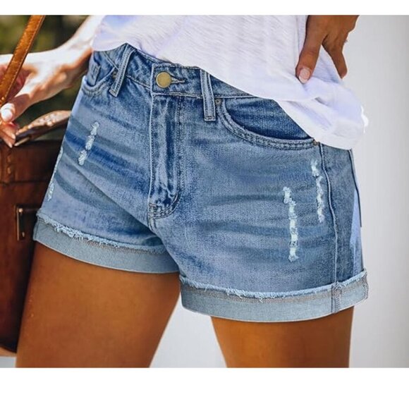 Women's Mid-High Rise Distressed Jean Shorts – Light Blue – Size S – NWOT - Picture 3 of 4